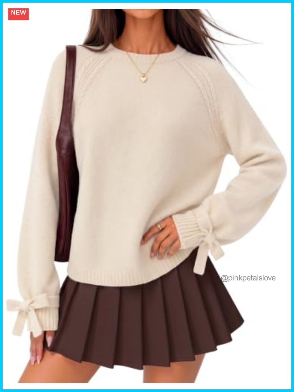 Womens Cable Knit Pullover Sweater Bow Cuff Crew Neck Cozy Fall